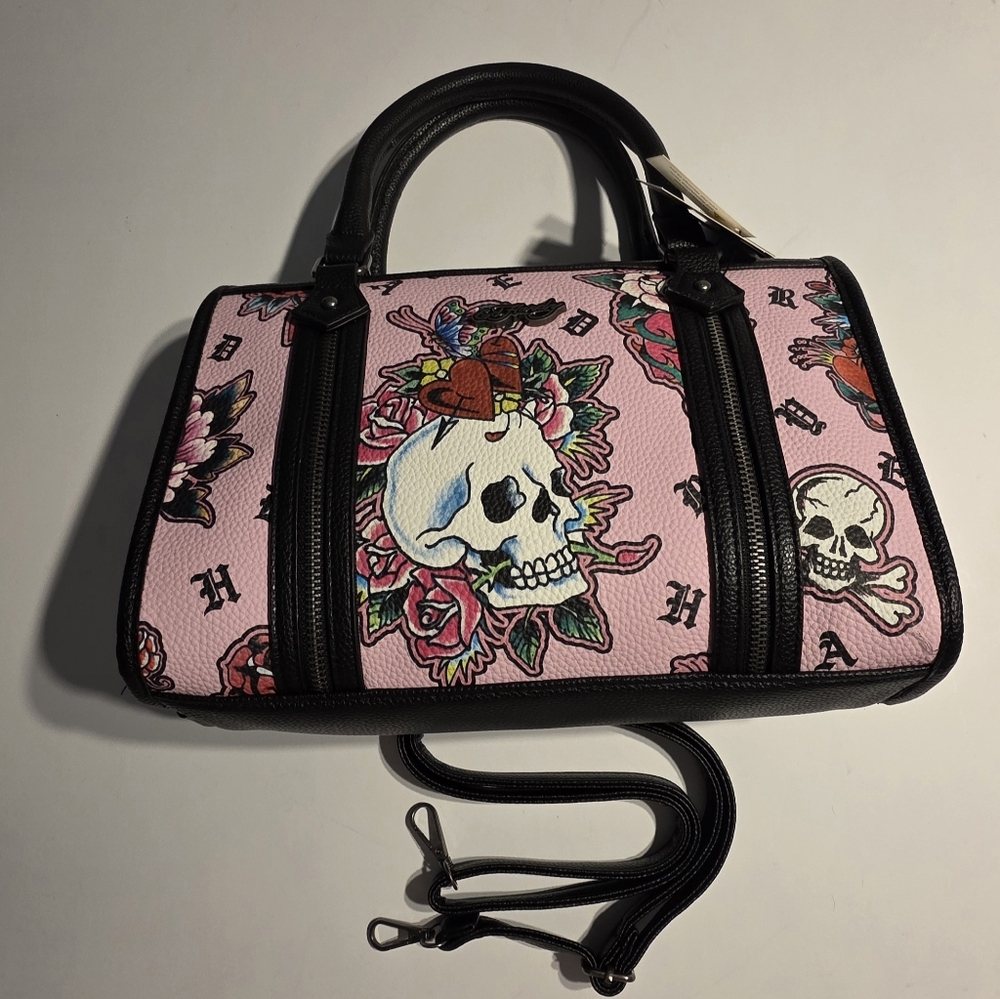 Ed Hardy Pink Skull Floral Hearts Women's Bag Satchel Crossbody NWT Retail $99 - Picture 13 of 16